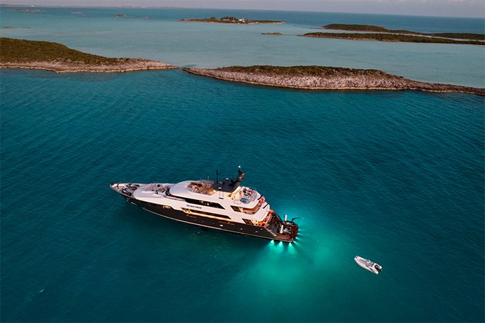 Motor Yacht No Bad Ideas 160ft in the evening